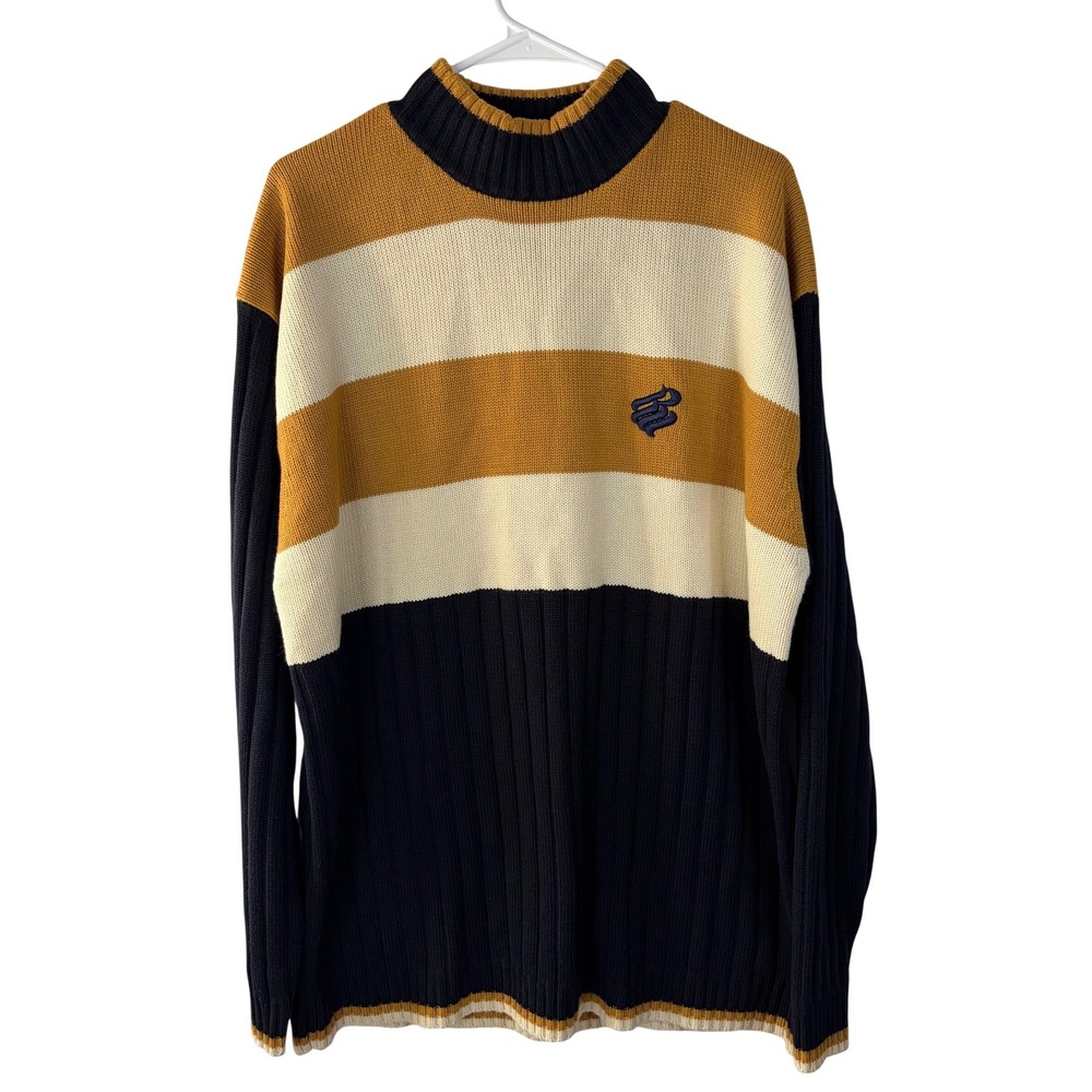 Rocawear Mens 2XL Colorblock Striped Ribbed Knit Mock Neck Sweater‎ Navy Yellow